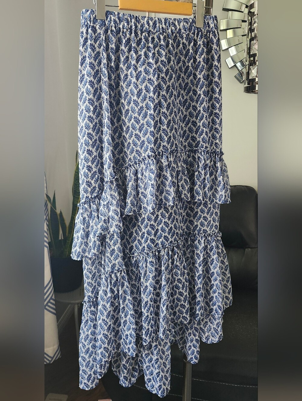 H&M Navy and White Leaf-Print Tiered Maxi Skirt